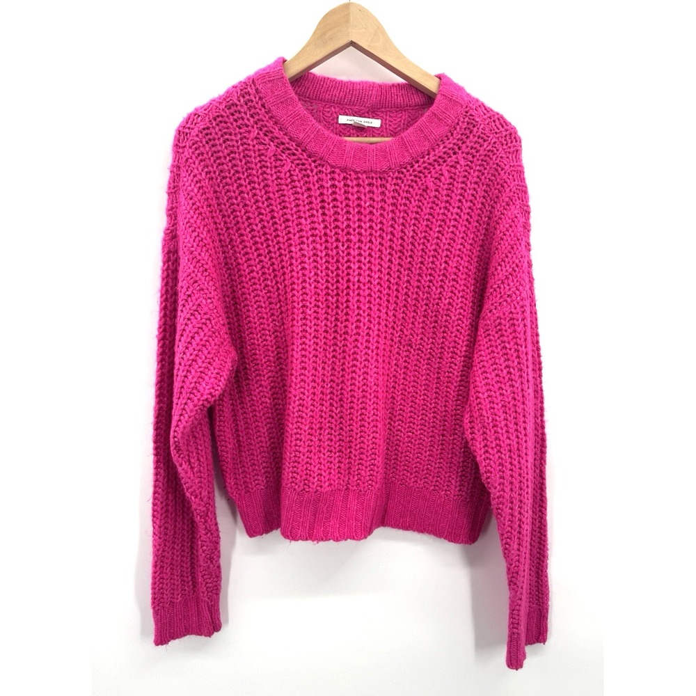 American Eagle Womens Small Sweater Neon Pink Chunky Knit Boxy Maximalist Glam